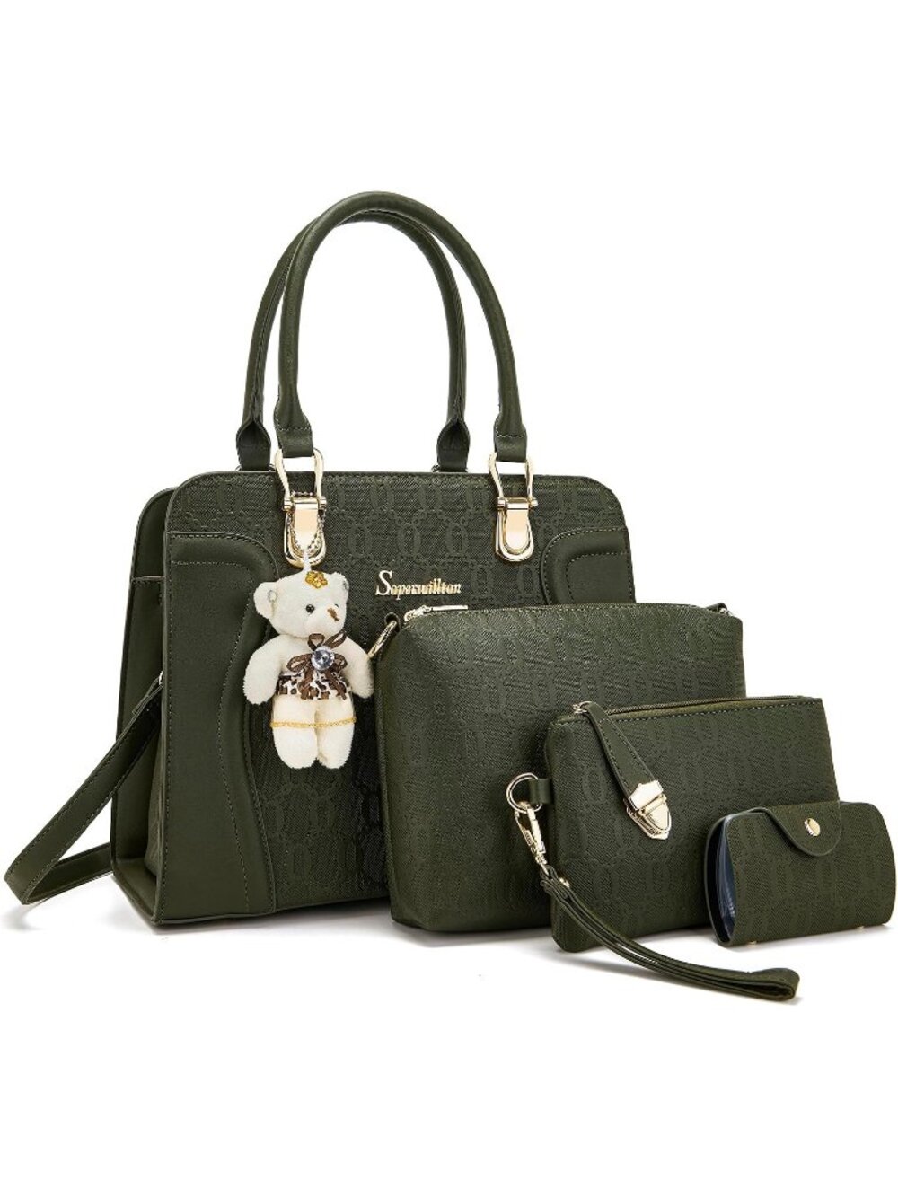Women's Green 4Pc Handbag Set Tote Shoulder Satchel Purse with Bear Charm